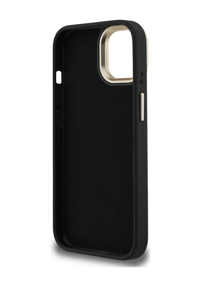 Apple Uyumlu iPhone 15 Kılıf Guess Lisanslı Metal 4g Ve Yazı Logolu Kamera Standlı Kapak Siyah