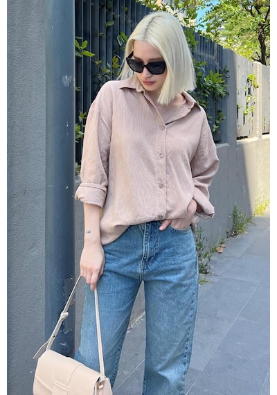 Madmext Bej Uzun Kollu Çizgili Oversize Gömlek Mg2080-bej Bej