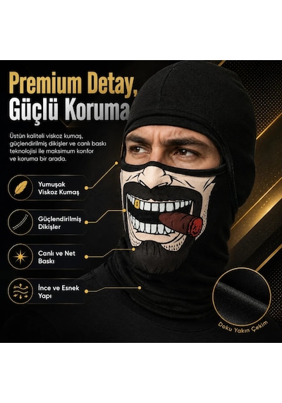 Unisex Bıyık Puro Baskılı Balaklava 1 Adet Tek Beden Viskoz Kask İçi Motosiklet Maskesi 1 Siyah