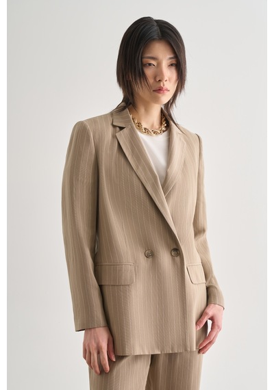 Mizalle Bej Rengi İnce Çizgili Anvelop Blazer Ceket Bej