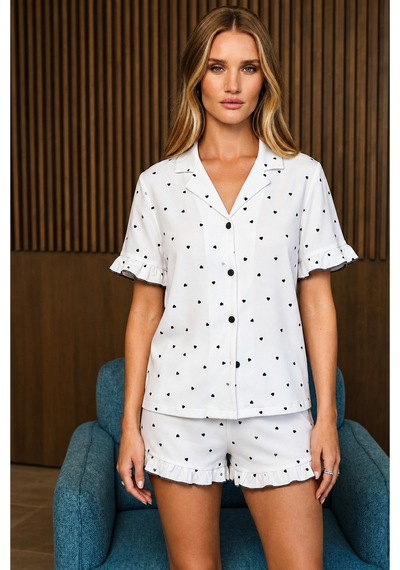 Kadın Casual Rahat Desenli Beyaz Pijama Takımı