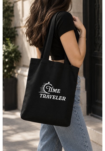 Lunora Collection Time Traveler Baskılı Körüklü Kanvas Bez Çanta Siyah