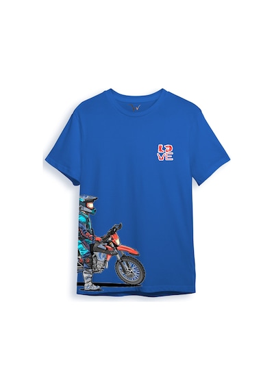 Cross Motor Enduro Ekipmanları Göğüs Ve Yan Detay Baskılı Regular Fit %100 Pamuk Mavi T-shirt Saks Mavi