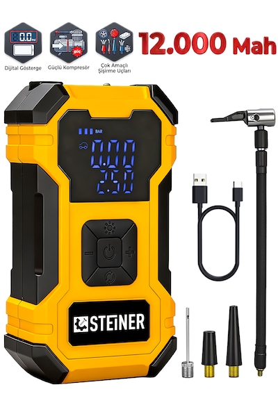 Steiner 12.000 Mah Dijital Ekranlı Kablosuz Lastik Hava Pompası Şarjlı Hava Kompresörü Powerbank Led Işık Sarı