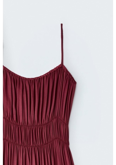 Sateen Askılı Uzun Elbise - Bordo-137495