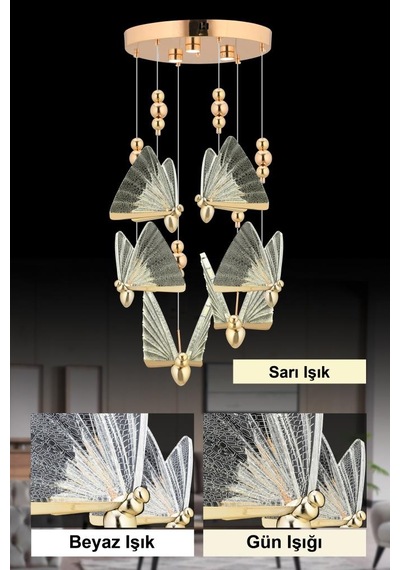 İstanbul Avize İpek 6'lı Gold Ledli 3 Renk Modern Led Avize Gold