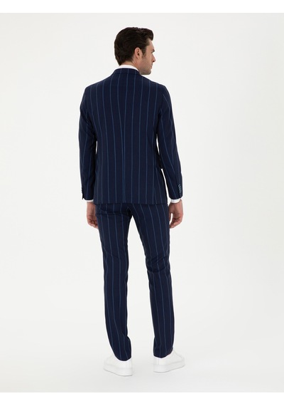 Cacharel Lacivert Slim Fit Çizgili Yün Takım Elbise