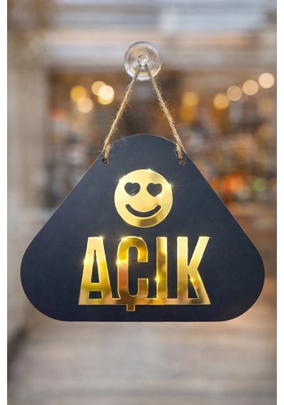Ahşap Üzeri Gold Aynalı Pleksi Emoji Figürlü Açık-kapalı Tabelası