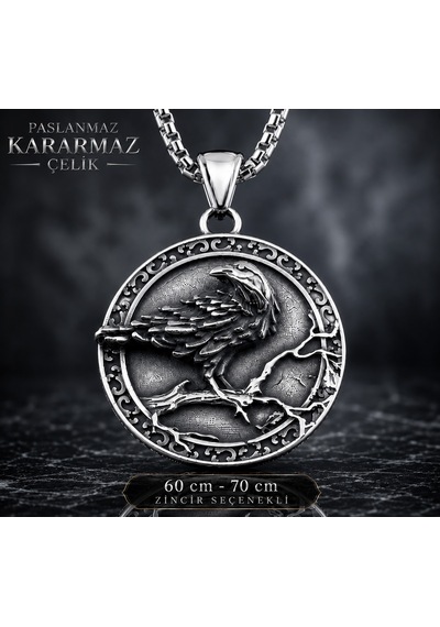 Paslanmaz Çelik Çift Taraflı Tasarım Vegvisir Rune Viking Kuzgun Kolye