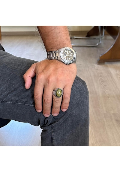 Gerçek Doğal Taş Yüzük - El Yapımı Kartal Yüzüğü - 925 Ayar Gümüş Yüzük Unakite Gümüş