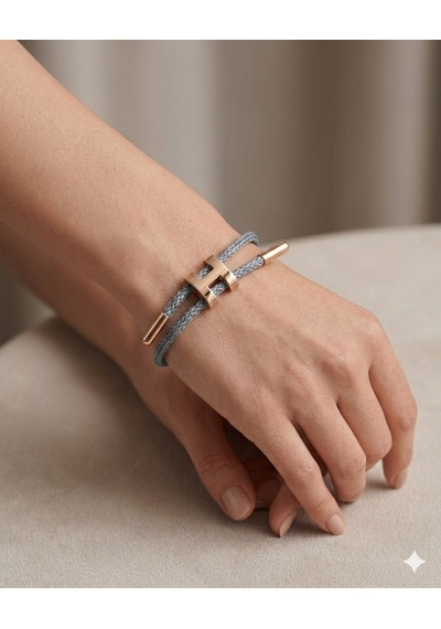 Unisex H Model Gold Renk Çelik Detay Gri İp Bileklik