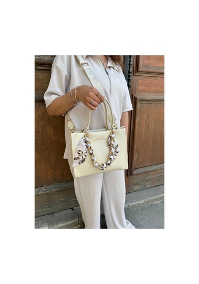 Just Polo Orijinal Kadın Omuz Ve Çapraz Askılı Zincir Detaylı Günlük Veya Özel Kullanıma Uygun Lüks Kol Çantası Shopper 25x20x9 Cm Krem