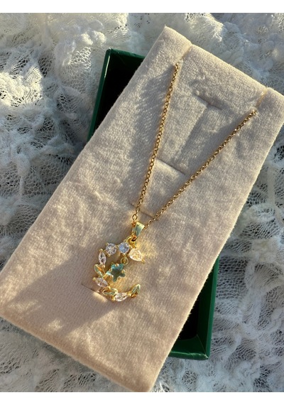 Işıltılı Taşlı Moon Floral Kolye Altın