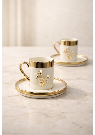 2 Kişilik Lüks Beyaz Gold Yaldızlı İnci Lotus Kahve Fincan Takımı Seti 100ml