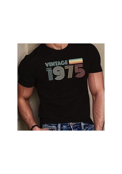 Caddemia Yaz  Moda Rahat Gevşek Vintage 1975 Mektup Baskılı Spor Yuvarlak Boyun Siyah 2XL