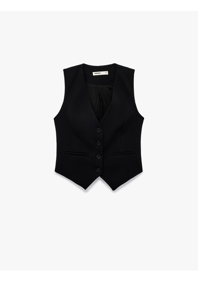 Koton Krep Scuba Kumaş Slim Fit Düğmeli V Yaka Slim Fit Blazer Yelek Siyah 6sak30068ek