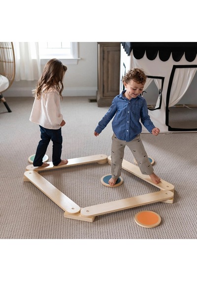 Montessori Ahşap Denge Kirişi, Denge Tahtası, Basamak Taşları, Aktivite Çocuk Oyuncağı 4 Sopa+4 Taş