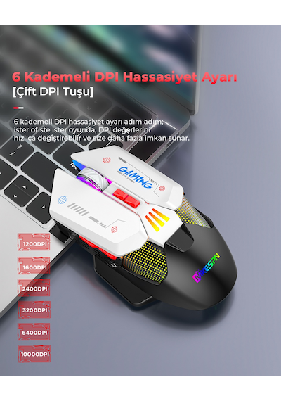 Mkespn W19 Dual Mode Kablosuz Gaming Mouse 10000 Dpı 7 Tuş Makro 1000hz Rgb - Siyah Beyaz