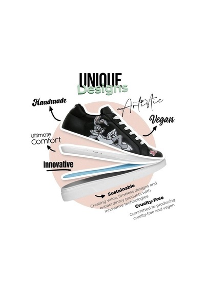 Kadın Vegan Deri Siyah Sneakers - Warner Bros What's Up Doc Bugs Bunny Tasarım Çok Renkli