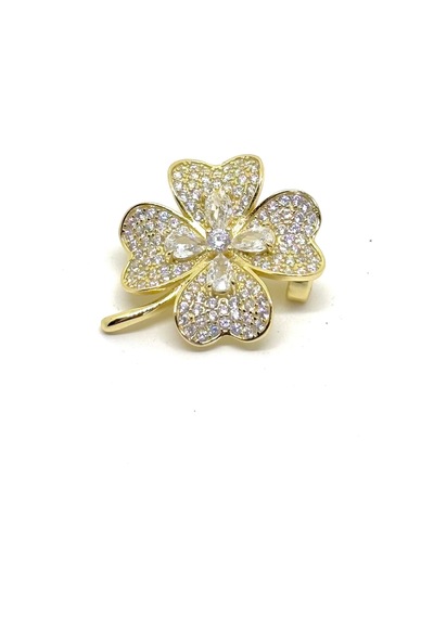 Oya Silver Işıltılı Altın Kaplama Gümüş Yonca Broş 2.4x2.8 Cm Yn00009