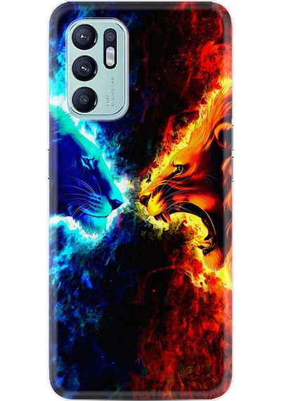 Oppo Reno 6 Kılıf Silikon Desen Özel Seri Red Blue Leon 1714