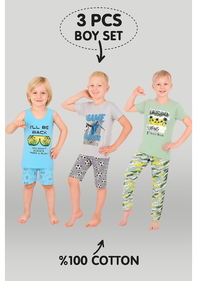 Vitmo Erkek Çocuk 3'lü %100 Pamuklu 1-2-3 Yaş Pijama Takımı Model:114 Çok Renkli Vitmo Erkek Çocuk 3'lü %100 Pamuklu 1-2-3 Yaş Pijama Takımı Model:114 Çok Renkli