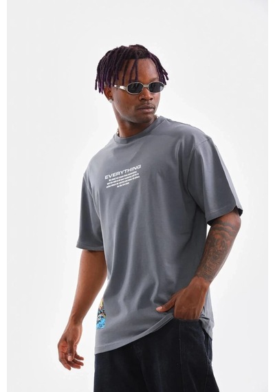 Erkek Bisiklet Yaka Baskılı Oversize T-shirt - Gri Gri
