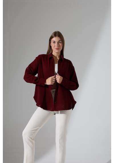 Oversize Basic Müslin Gömlek Bordo