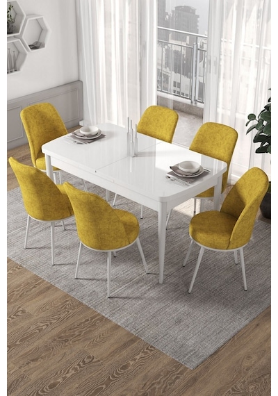 Canisa Kor Serisi, Beyaz Açılabilir 70x114 Yemek Masa Takımı 6 Hardal Sandalye Masa Beyaz Sandalyeler Hardal Sarısı Canisa Kor Serisi, Beyaz Açılabilir 70x114 Yemek Masa Takımı 6 Hardal Sandalye Masa Beyaz Sandalyeler Hardal Sarısı