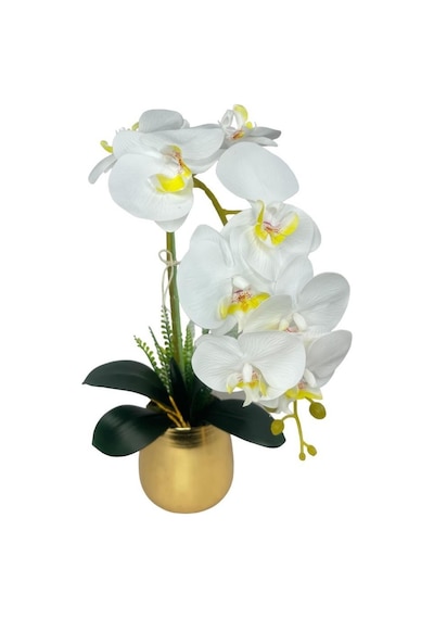 Yapay Çiçek Beyaz Islak Orkide Gold Metal Saksıda Seramik Saksıda Orkide 60cm
