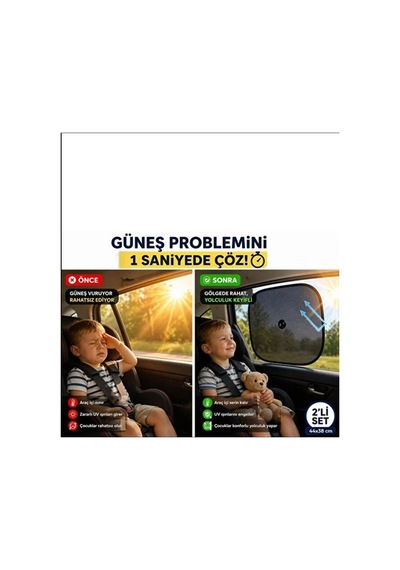 Güneşlik Perde Yan Cam Düz Siyah Vantuzlu 2li