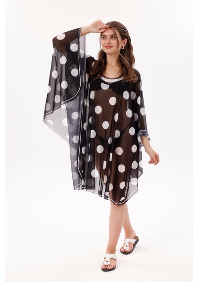 Tarzını Seç Kısa Kimono Pareo - Tesettür Pareo - Puantiyeli Siyah 180x135 Cm Çok Renkli