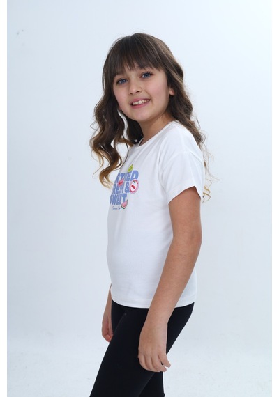 Toontoy Kids Toontoy Kız Çocuk Bisiklet Yaka Düşük Omuz Kısa Kollu Baskılı Tişört 24976 Ekru