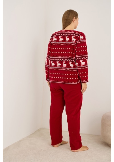Siyah İnci Geyik Desenli Büyük Beden Polar Kışlık Örme Pijama Takım Bordo