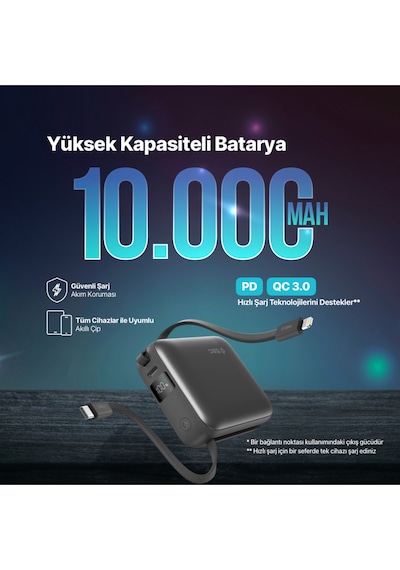 Ttec Recharger Mini LCD 10.000 mAh PD 20W USB-C Ve Lightning Dahili Kablolu Taşınabilir Hızlı Şarj