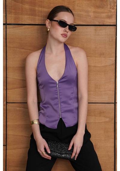 Verymoda Fermuarlı Saten Yelek Vmd2952 Lila