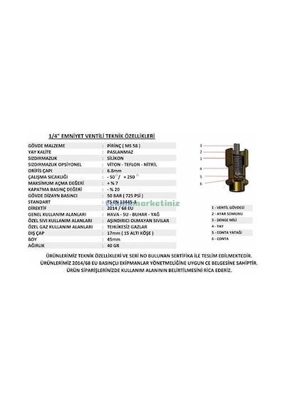 1/4" 12 Bar Sabit Basınçlı Mühürlü Yks Ce Belgeli Emniyet Ventili