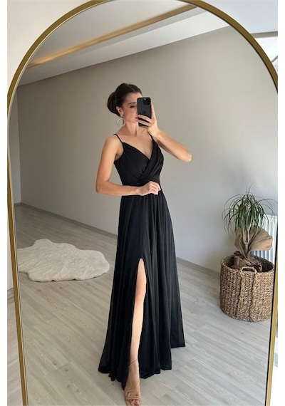 Neşeli Butik Kadın Işıltılı Askılı Yırtmaç Detayı Şifon Abiye Elbise Nm002 Siyah