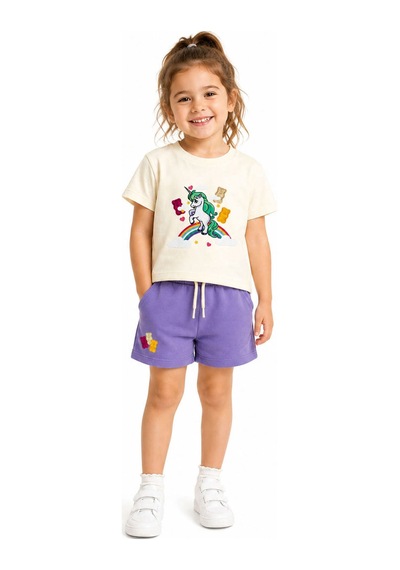 Haribo Lisanslı Unicorn Baskılı Kız Çocuk T-shirt Şort Takım Krem Haribo Lisanslı Unicorn Baskılı Kız Çocuk T-shirt Şort Takım Krem