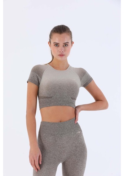 Maraton Sportswear Slimfit Kadın Bisiklet Yaka Kısa Kol Basic Açık Vizon Crop Top 811030 Açık Vizon