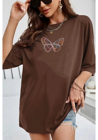 Flood Of Style Unisex Butterfly Baskılı T-shirt Kahverengi