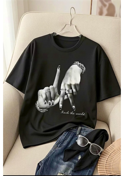 La El İşareti Ön Baskılı Sokak Modası Unisex T-shirt SIYAH