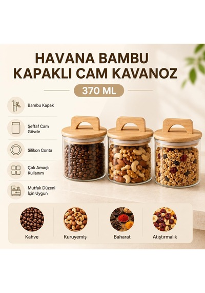 Tr Havana Bambu Kapaklı Cam Kavanoz 370 Ml 3'lü Set, Şeffaf Cam Saklama Kavanozu, Kulplu Bambu Kapaklı Mutfak Düzen Diğer