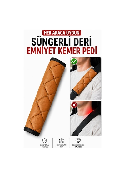 Her Araca Uygun Suni Deri Süngerli Emniyet Kemeri Pedi Taba