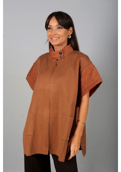 By Saygı Kadın Kapütone Detaylı Önü Fermuarlı Cepli Büyük Beden Oversize Panço Yelek Camel