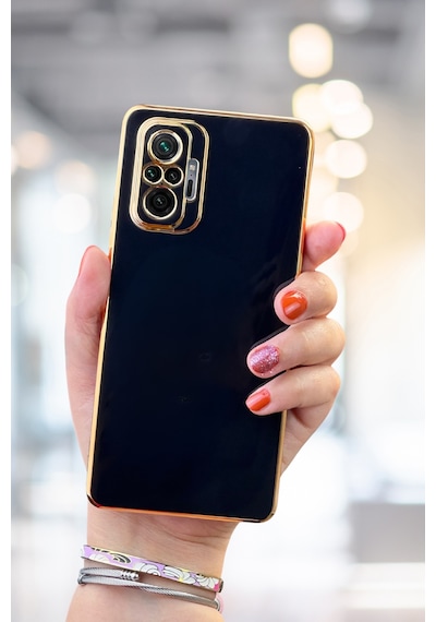 Fibaks Redmi Note 10 Pro Uyumlu Kılıf Parlak Kenarlı Altın Işlemeli Kamera Korumalı Kapak Siyah