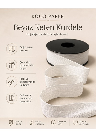 Beyaz Keten Kurdele 2,5 Cm X 20 Metre, Hediye Paketi Ve Hobi Şeri Standart