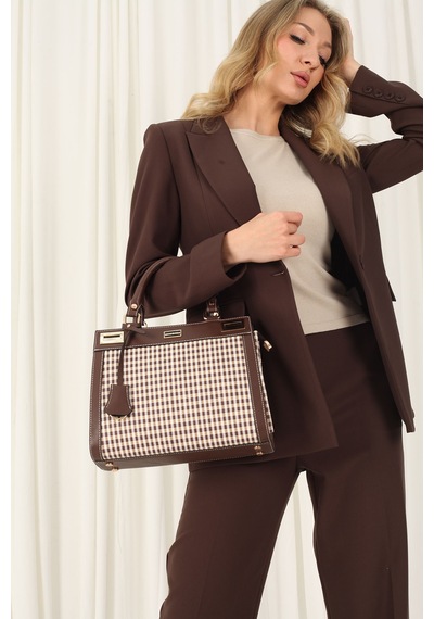 Silver Polo Sp1174 Kadın El Çantası Ekose Line Kare Kahve Sarı-kahve