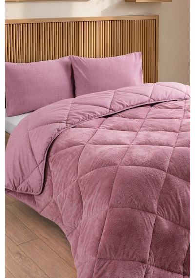 Premium Çift Taraflı Wellsoft Yorgan Seti Çift Kişilik 195x215 Cm 2 Adet Yastık Kılıflı Gül Kurusu