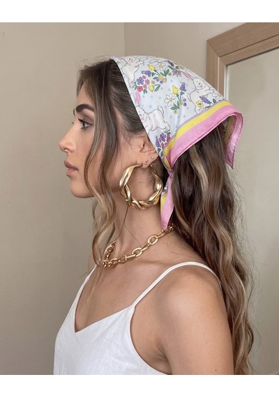 Trend Dokunuş Kadın 50-50 Saten Bahar Renkli Fular Bandana Sarı - Pembe